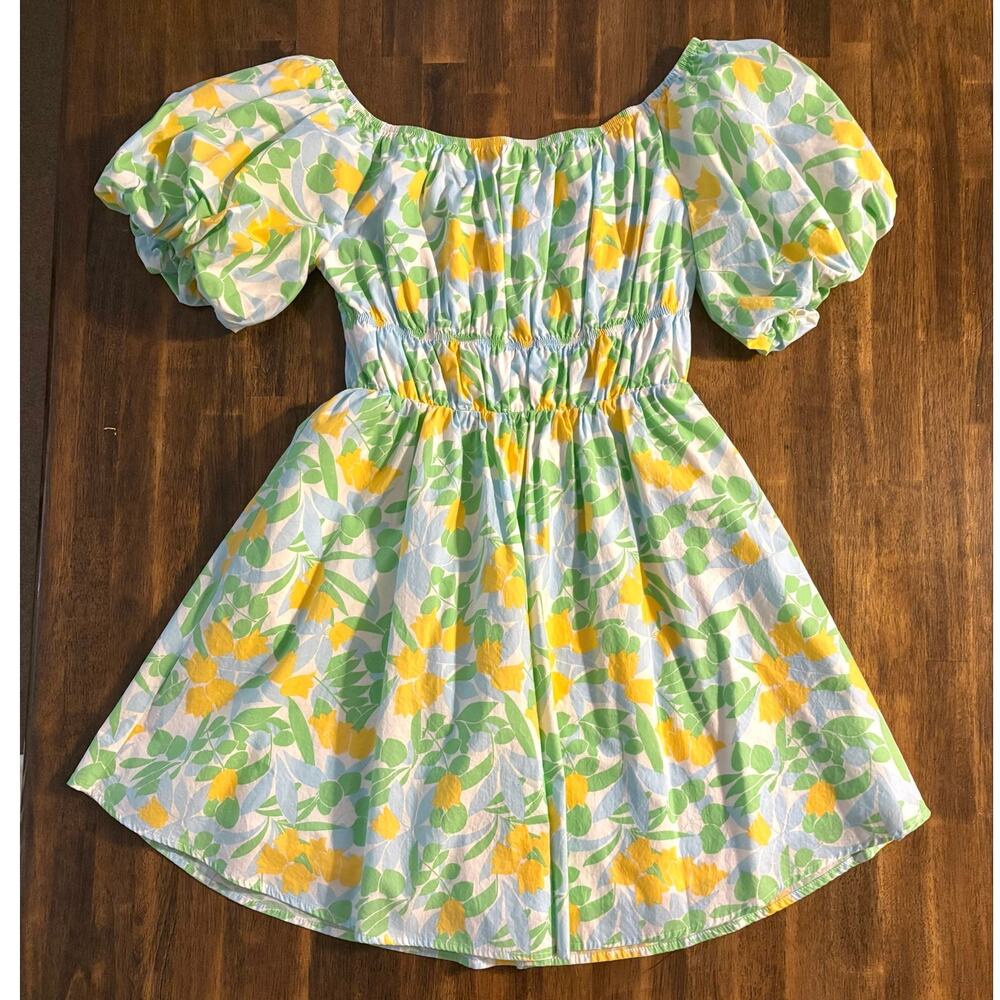 PrettyGarden Women's Medium Dress Mini Puff Sleeve Fit Flare Cotton Floral